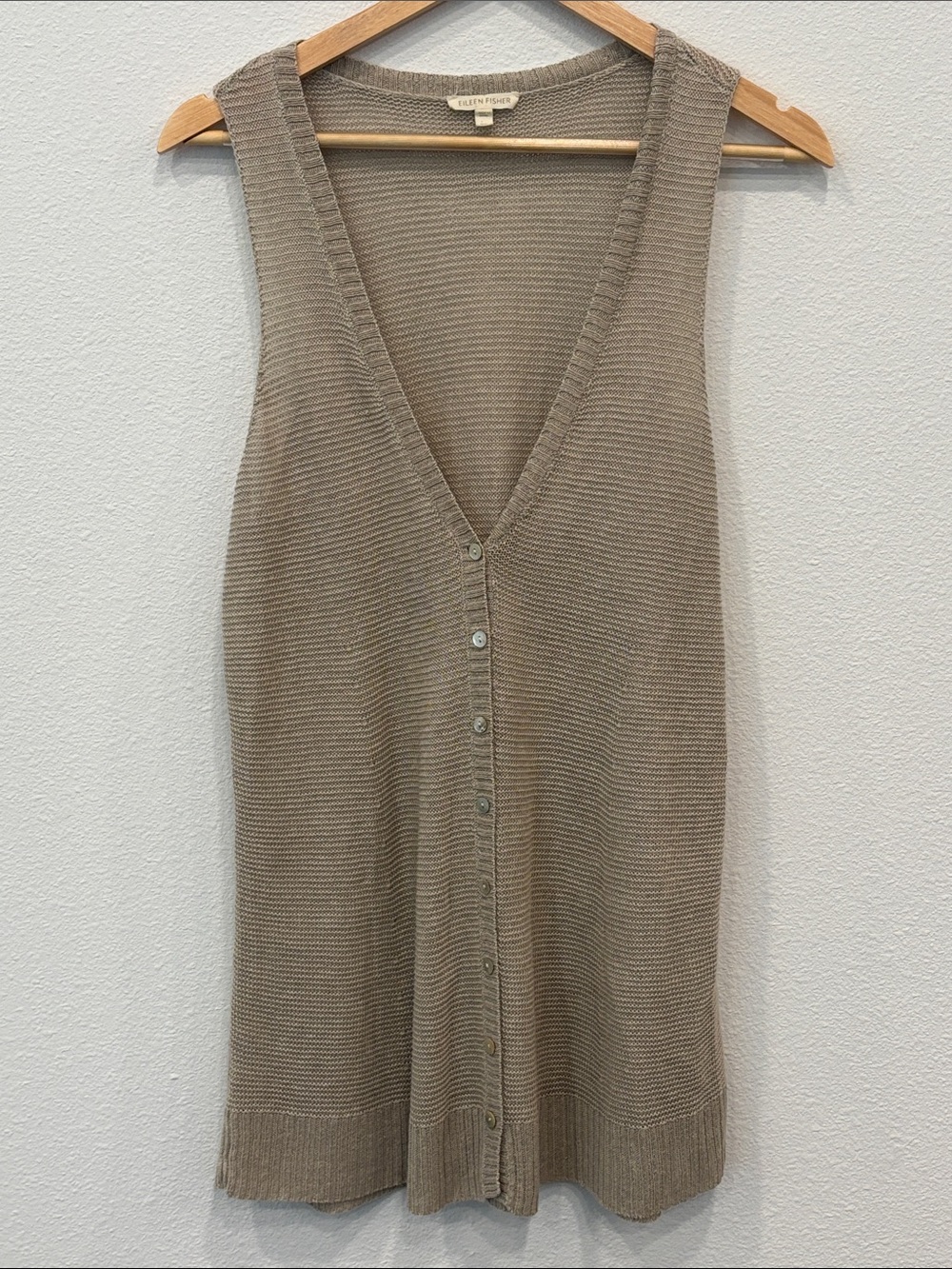 Eileen Fisher Women’s 100% Linen Taupe Knit Button-Front Vest Size XS